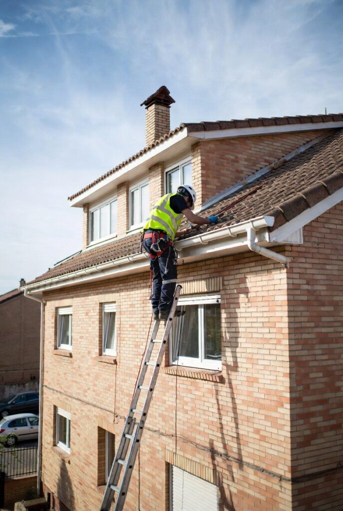 écnico reparando canalón que gotea en vivienda de Madrid