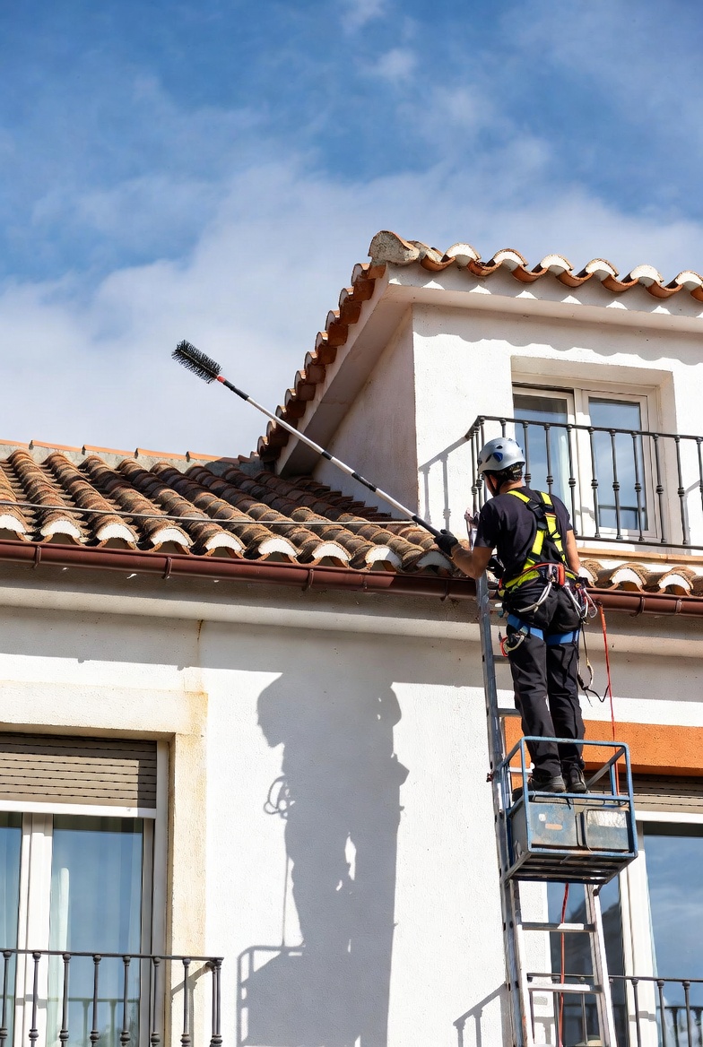 Técnico realizando limpieza de canalones en vivienda de Madrid con seguridad