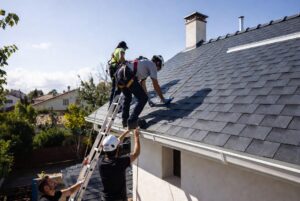 Instaladores colocando canalón de aluminio continuo